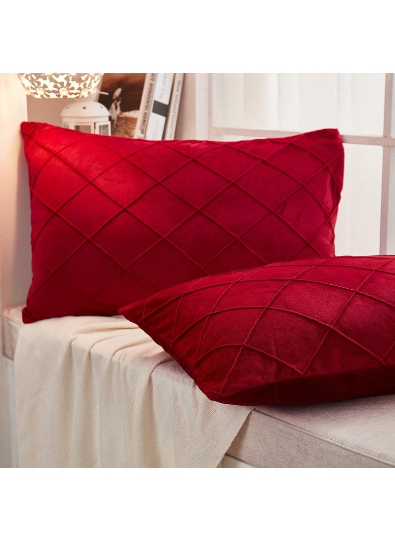 AMICA AMICA Luxurious Diamond Pinch Pleated Crystal Velvet Pillowcases Solid Pintuck Throw Cushion Cover for Home Decor Hidden Zipper Closure (Red, 20'' X 30'' Inch)  - Image 3