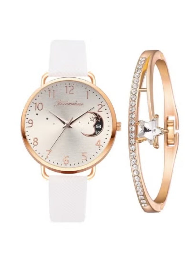 مجموعة هدايا ساعة نسائية مع سوار أبيض للسيدة الإناث الفتيات الحد الأدنى نحيف رقيقة عارضة اللباس التناظرية الكوارتز ساعات المعصم - Image 1