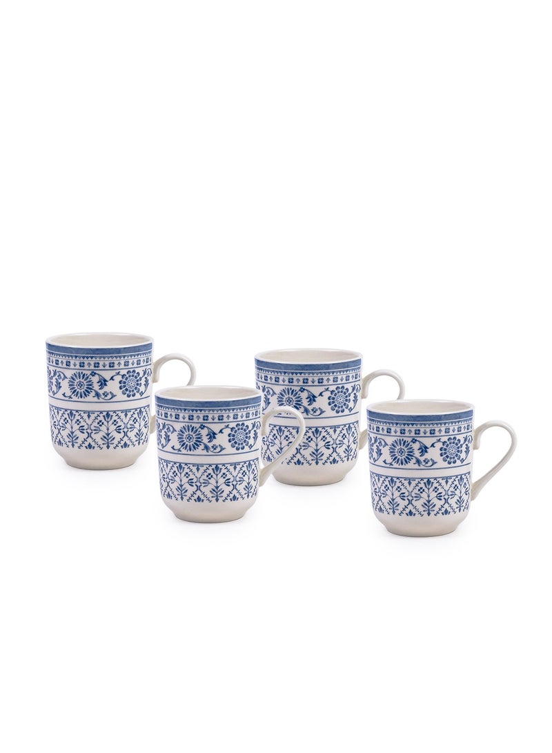 Claytan Plethora 370ml Blue Printed Porcelain Mug (White, Set of 4)