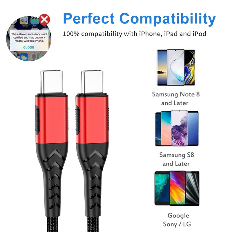 Durcord USB C to USB C Cable, 2Pack 100W 6ft USB C Charger Cable Fast Charging for Android/Phone/Pad, Type C to Type C Charger Braided Compatible with iPhone 15 Pro/Plus/Max/Android/Phone/Pad Red - Image 5