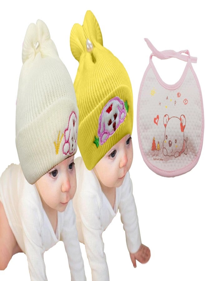 COOL INDIANS Combo of Baby Winter Cap & Baby Bibs | New Born Baby Kid's Cap | Cotton Baby Bibs/Baby Apron with Titch Button I Woolen Cap for Kid's Boy's & Girl's (3-6 Months, Beige Yellow) - Image 1