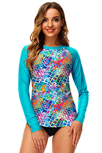 Deerose Print Swim Shirt for Women Sun Protective SPF Long Sleeve Multicolored Surfing Rash Guard Aqua Multicolored L - Image 5