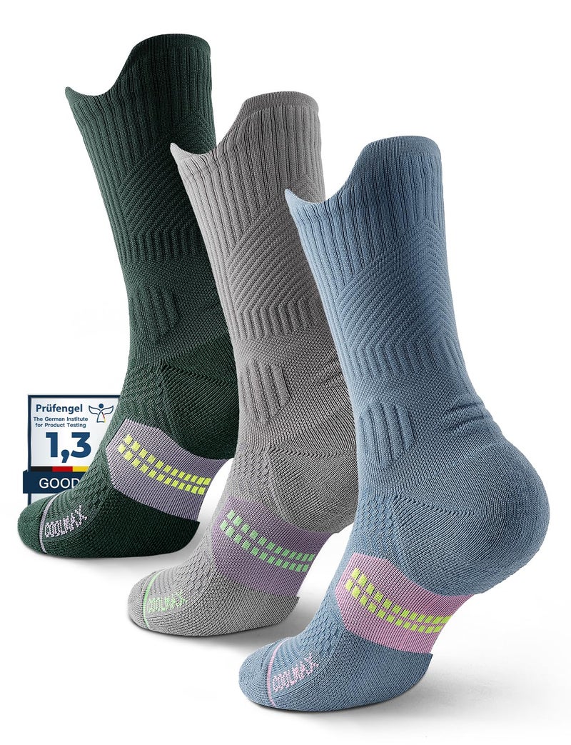 Juclise Bamboo Viscose Compression Running Crew Socks, Coolmax Moisture-Wicking Anti-Blister Hiking&Gym Athletic Socks (US, Alpha, Medium, Regular, Regular, Storm Teal+Light Grey+Washed Denim) - Image 1