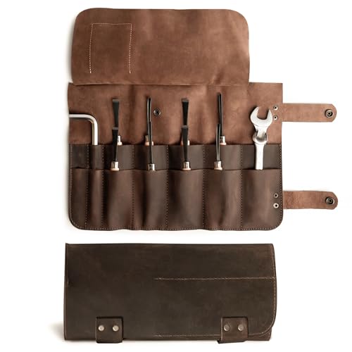 Hide & Drink, Leather Snap Tool Roll Up Bag (14 Slots), Portable Carry Case for Barbers, Salon Storage Organizer Pouch, Classic Vintage Style, Handmade (Bourbon Brown) - Image 1
