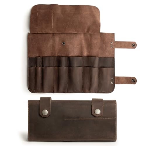 Hide & Drink, Leather Snap Tool Roll Up Bag (14 Slots), Portable Carry Case for Barbers, Salon Storage Organizer Pouch, Classic Vintage Style, Handmade (Bourbon Brown) - Image 2