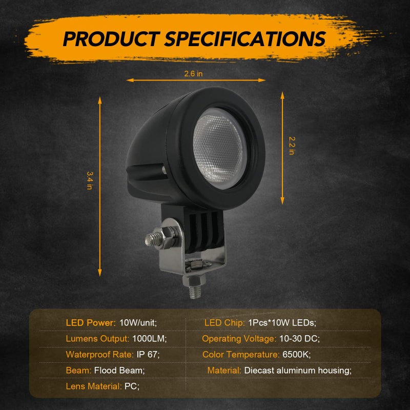 Audak 2Pcs 10W 2 Inch Round Flood Mini LED Driving Work Light for Motorcycle Dirt Bike Off-Road Vehicles Pickup Truck UTV ATV - Image 2