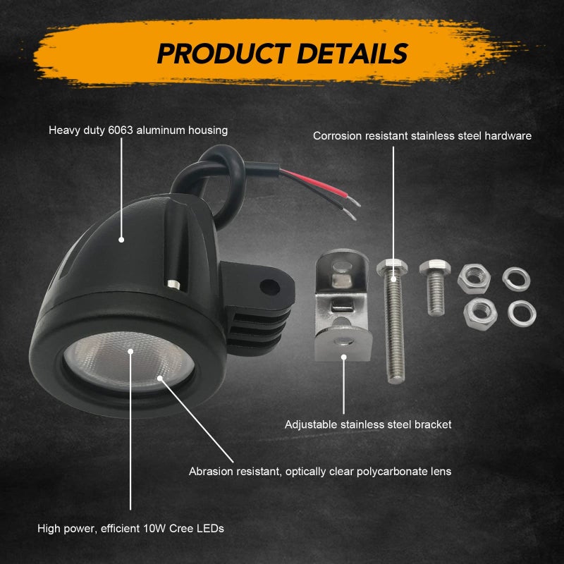 Audak 2Pcs 10W 2 Inch Round Flood Mini LED Driving Work Light for Motorcycle Dirt Bike Off-Road Vehicles Pickup Truck UTV ATV - Image 5