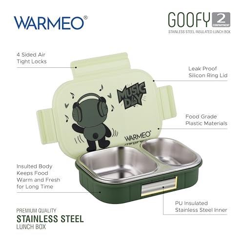 WARMEO Goofy Insulated Lunch Box with Two Compartment BPA Free, Kids Lunch Box,Food Grade Ideal for School, Picnic, Office & Outdoor - 500ml Green, Stainless Steel - Image 2