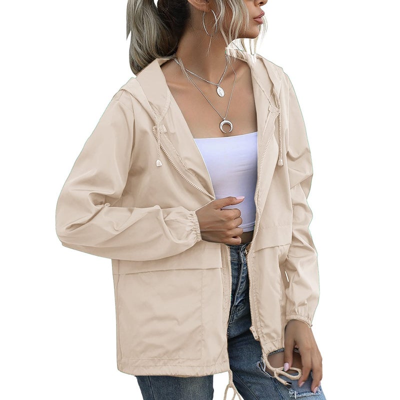 PESION Women's Windbreaker & Waterproof Hooded Rain Jacket Lightweight Outdoor Fashionable Khaki Jacket Zip Coat Outerwear Raincoat with Pockets for Mountaineering Hiking Fish Travel, Small - Image 2