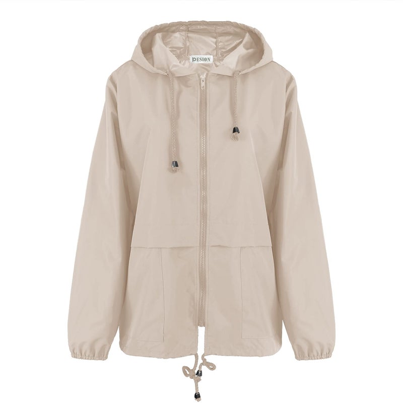 PESION Women's Windbreaker & Waterproof Hooded Rain Jacket Lightweight Outdoor Fashionable Khaki Jacket Zip Coat Outerwear Raincoat with Pockets for Mountaineering Hiking Fish Travel, Small - Image 4