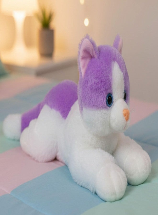 Tickles Cute Cat Animal Soft Stuffed Plush Toy for Kids Birthday Gift (Size: 30 cm Color: White and Purple) - Image 1
