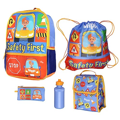 Blippi ابتكارات ملحقات الذكاء الاصطناعي حقيبة ظهر بليبي سلامة أولاً مجموعة حقائب سفر مدرسية للأطفال 5 قطع مع صندوق غداء، حقيبة سحب، زجاجة ماء، وحافظة أقلام - Image 1