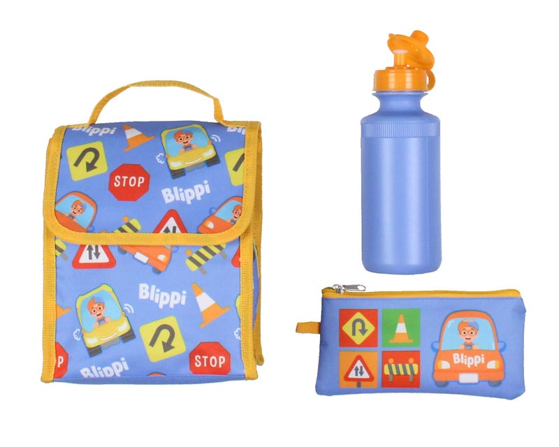 Blippi ابتكارات ملحقات الذكاء الاصطناعي حقيبة ظهر بليبي سلامة أولاً مجموعة حقائب سفر مدرسية للأطفال 5 قطع مع صندوق غداء، حقيبة سحب، زجاجة ماء، وحافظة أقلام - Image 5