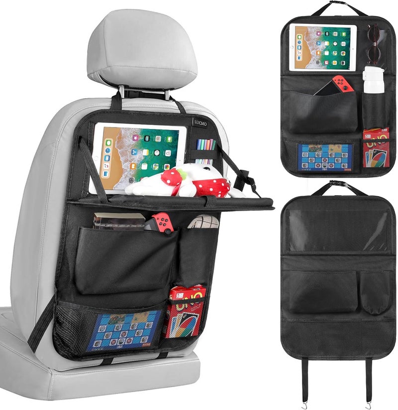 LUCMO Car Backseat Organizer with Tablet Holder and Foldable Food Tray - Black - Image 1