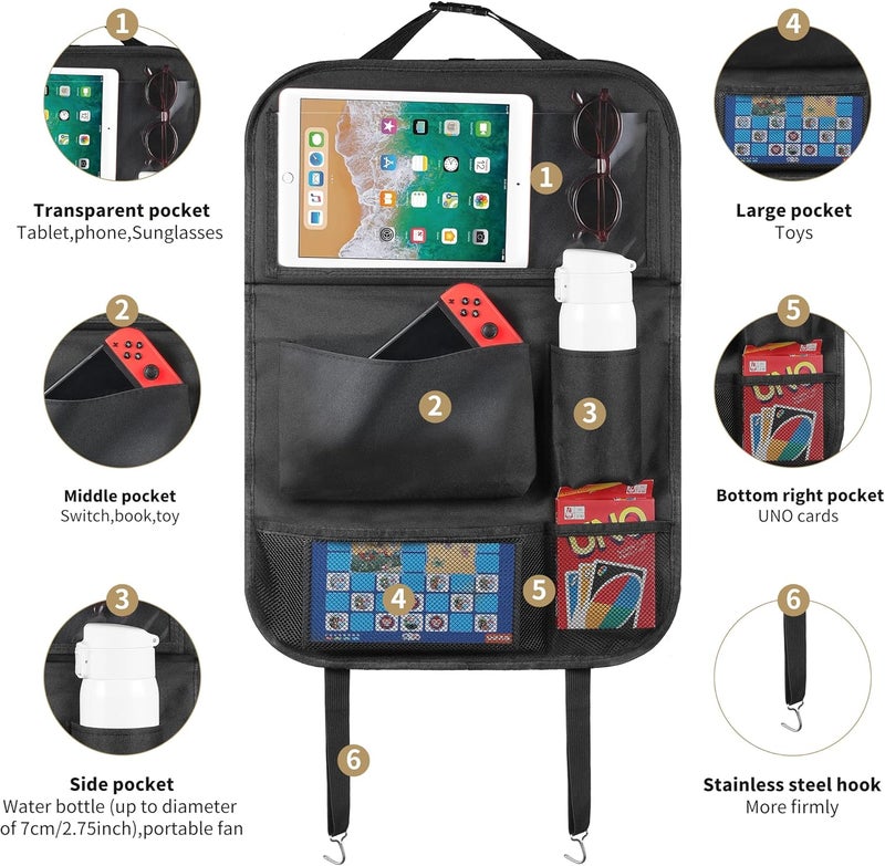LUCMO Car Backseat Organizer with Tablet Holder and Foldable Food Tray - Black - Image 2