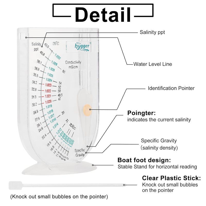 Hygger Salinity Tester, Transparent Acrylic Aquarium Hydrometer Sea Specific Gravity Test Salinity Meter for Fish Tank Pond Water Saltwater Freshwater, Accurate Automatic Hydrometer - Image 2