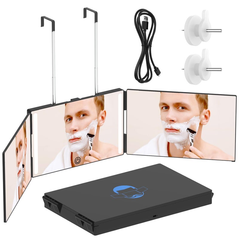 Olibuy 3 Way Mirror With Led For Hair Cutting  Tri-Fold Mirror For Shaver And Makeup  Adjustable Telescoping Hooks-With Led Version - Image 1