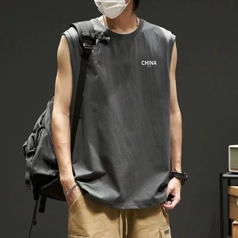 Summer Mens Ice Silk Thin Short-sleeved T-shirt Round Neck Short-sleeved Top Loose Plus Size Breathable Sweatshirt Quick-drying Gray Small Letter China Vest