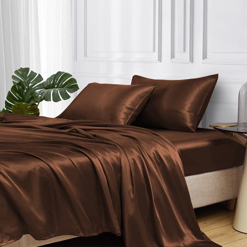 MRHM Satin Bed Sheets King Size Sheets Set 4 Pcs Silky Bedding Set with 15 Inches Deep Pocket for Mattress King Brown