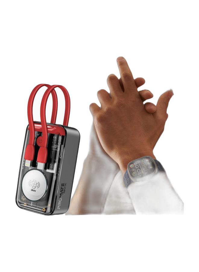 PROMATE Power Bank With Built-in Cables, Transparent Power Bank, 35W USB-C PD Cable, 12W Lightning Cord, USB-C in/out Port And 3W Smartwatch Charger - Mavrix Red & Powerful N52+ Magnetic Apple Watch Band With Metal Safety Loop, Durable Silicone, Compatible with All Apple Watch Sizes BlueBundle - Image 1