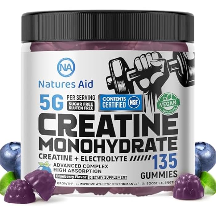 Natures Aid NSF Certified Creatine Gummy 5g - Creatine Monohydrate Gummies – Pre-Workout Energy & Muscle Growth Support for Men & Women | Blueberry Electrolyte Gummies (135 Count) - Image 1
