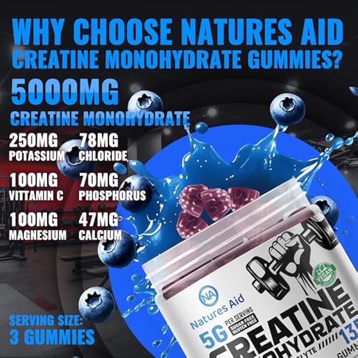 Natures Aid NSF Certified Creatine Gummy 5g - Creatine Monohydrate Gummies – Pre-Workout Energy & Muscle Growth Support for Men & Women | Blueberry Electrolyte Gummies (135 Count) - Image 2