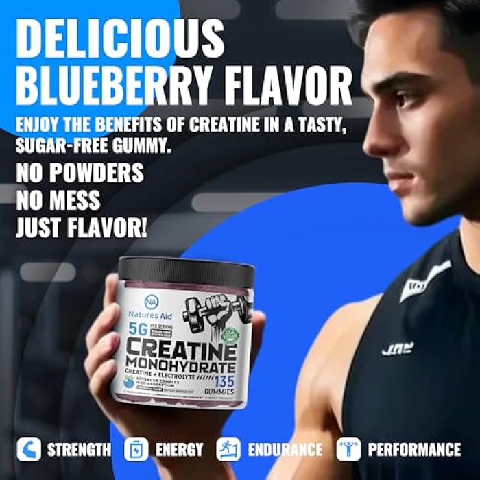 Natures Aid NSF Certified Creatine Gummy 5g - Creatine Monohydrate Gummies – Pre-Workout Energy & Muscle Growth Support for Men & Women | Blueberry Electrolyte Gummies (135 Count) - Image 4