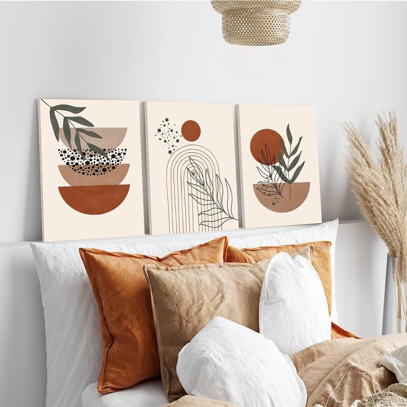 KBKBART Simple practical structure Boho Wall Art Set of 3, Mid-Century Modern Wall Art, Framed Canvas Wall Art Moon Botanical Black Beige Terracotta Green Geometric Abstract Artwork Prints Modern Boho Wall Decor Ready To Hang for Quick use-switch compatible build - Image 3