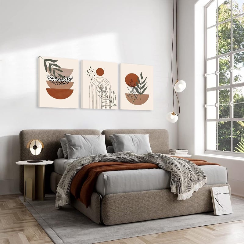 KBKBART Simple practical structure Boho Wall Art Set of 3, Mid-Century Modern Wall Art, Framed Canvas Wall Art Moon Botanical Black Beige Terracotta Green Geometric Abstract Artwork Prints Modern Boho Wall Decor Ready To Hang for Quick use-switch compatible build - Image 2