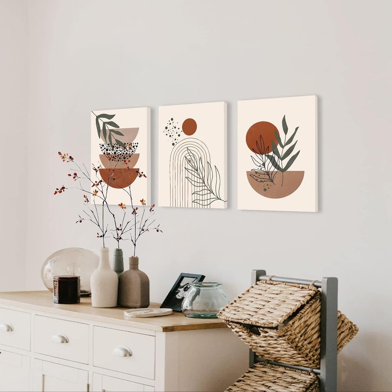 KBKBART Simple practical structure Boho Wall Art Set of 3, Mid-Century Modern Wall Art, Framed Canvas Wall Art Moon Botanical Black Beige Terracotta Green Geometric Abstract Artwork Prints Modern Boho Wall Decor Ready To Hang for Quick use-switch compatible build - Image 4