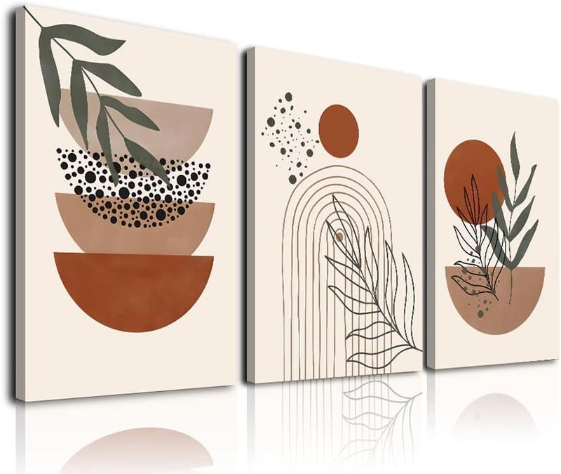 KBKBART Simple practical structure Boho Wall Art Set of 3, Mid-Century Modern Wall Art, Framed Canvas Wall Art Moon Botanical Black Beige Terracotta Green Geometric Abstract Artwork Prints Modern Boho Wall Decor Ready To Hang for Quick use-switch compatible build - Image 1