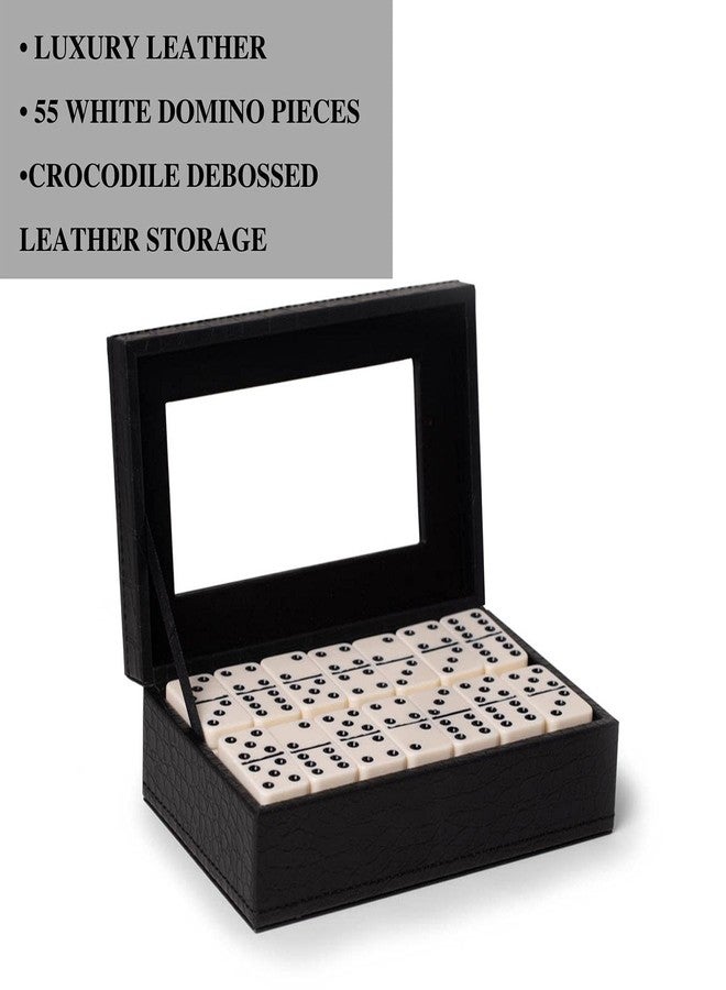 Bey-Berk Jaden Crocodile-Embossed Leather Domino Set, Double-6 55-Piece Tiles in Black Display Case, Coffee Table Game Set - Image 3