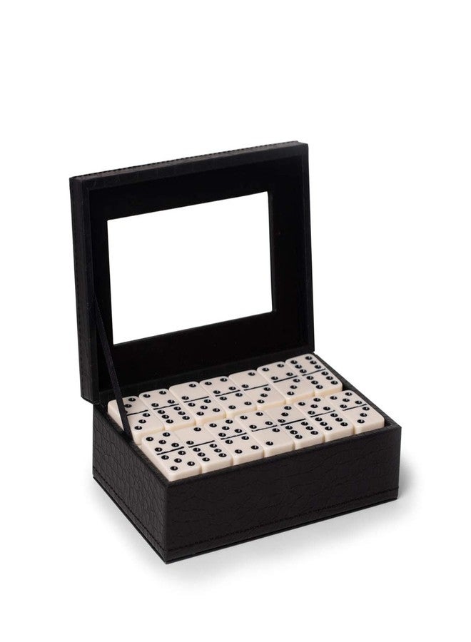 Bey-Berk Jaden Crocodile-Embossed Leather Domino Set, Double-6 55-Piece Tiles in Black Display Case, Coffee Table Game Set - Image 1