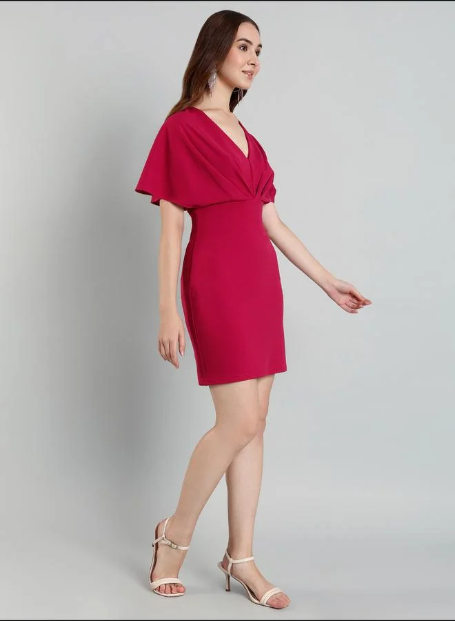 Mish fuchsia Mish Solid Cape Sleeve Pleated Detail Mini Dress for Women | Best Price UAE