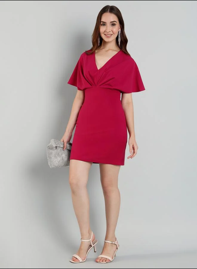 ميش Mish Solid Cape Sleeve Pleated Detail Mini Dress