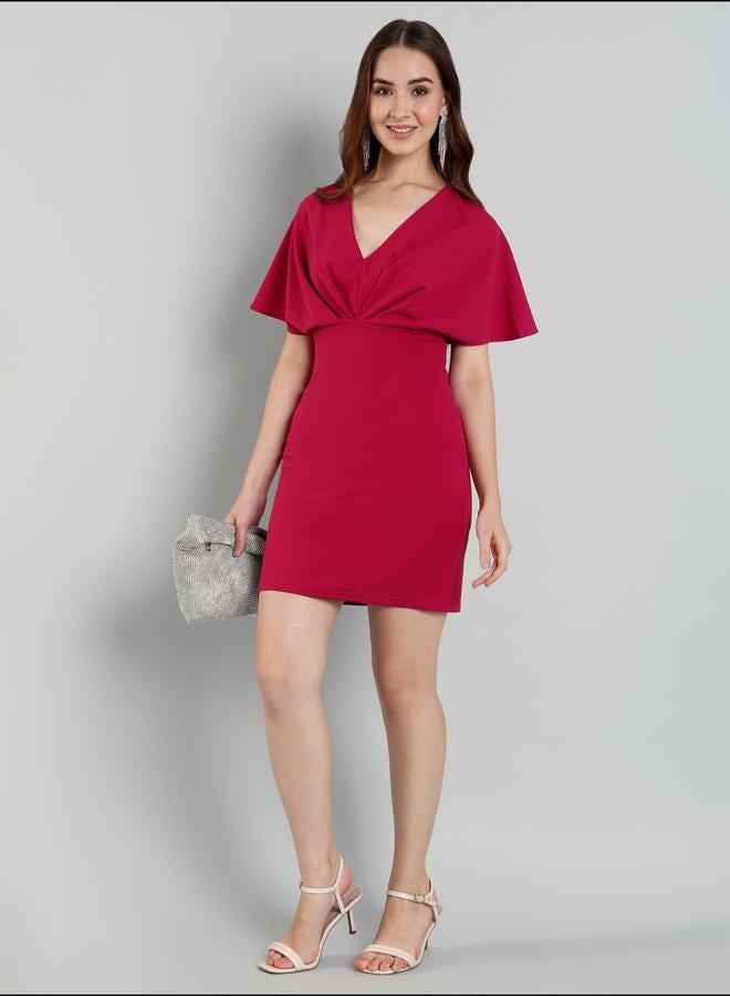 ميش فستان قصير ميني بأكمام كاب مطوي من ميش سوليد - Image 1