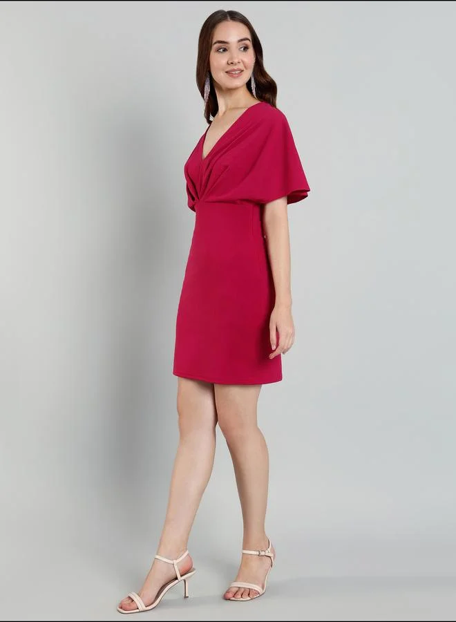 Mish fuchsia Mish Solid Cape Sleeve Pleated Detail Mini Dress for Women | Best Price UAE