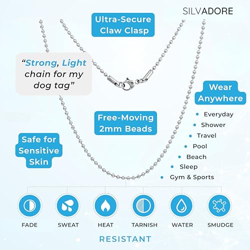 Silvadore سلسلة علامة الكلب سيلفادور (2 مم، 26 بوصة) سلسلة كرات من الفولاذ المقاوم للصدأ للرجال والنساء مطلية بالفضة الاسترلينية - طويلة رقيقة صغيرة عسكرية جيش قلادة حقيقية صلبة غير قابلة للتأكسد هدية مجوهرات - Image 4