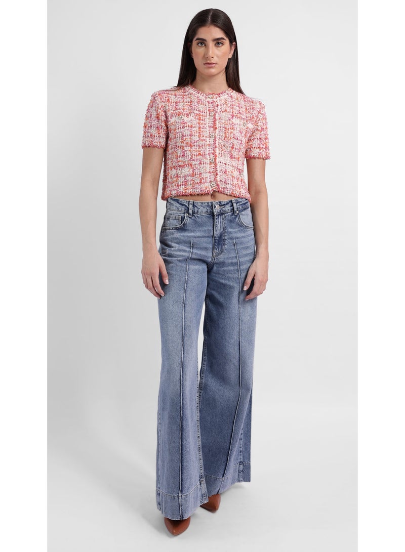 KYVELi Women’s Cropped Tweed Short-Sleeve Top – Pink Multi - Image 1