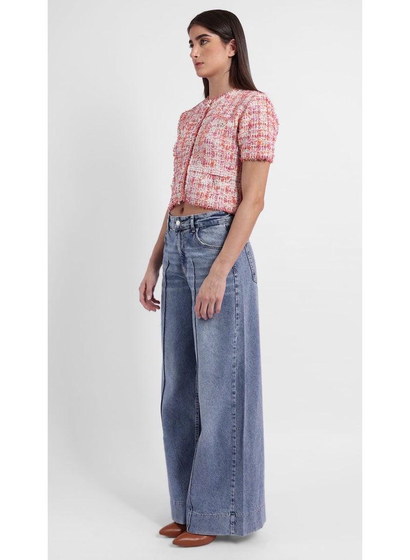 KYVELi Women’s Cropped Tweed Short-Sleeve Top – Pink Multi - Image 2