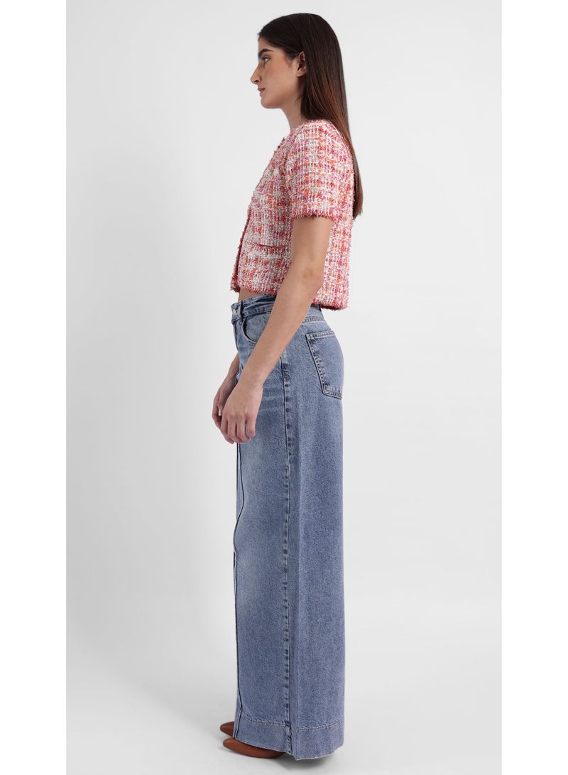 KYVELi Women’s Cropped Tweed Short-Sleeve Top – Pink Multi - Image 3