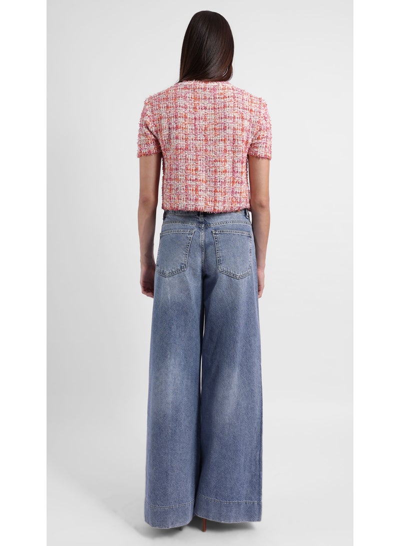 KYVELi Women’s Cropped Tweed Short-Sleeve Top – Pink Multi - Image 4