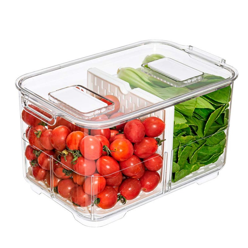 Slideep 9 Food Storage Containers 2 Tier Stackable Fridge Produce Saver with Lids Removable Drain Tray Drawers Refrigerator Produce Keeper with Strainer for Veggie Berry Fruits Vegetables