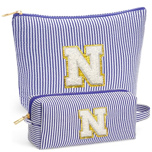 Fohufo Initial Travel Toiletry Bag for Women Travel Essentials Travel Makeup Bag Small Cosmetic Make up Bag Cute Stuff Birthday Gifts for Women Mom Girlfriend Teacher Blue Letter N - Image 1