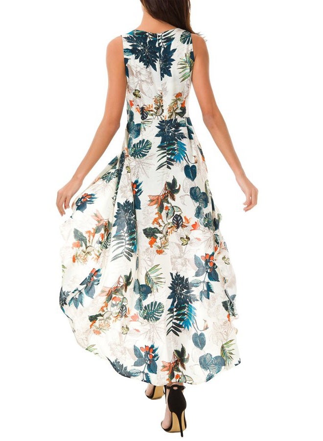 Kormei Womens Sleeveless Scoop Neck Floral Rayon Party Split Maxi Romper Dress, Apricot&blue, L - Image 4