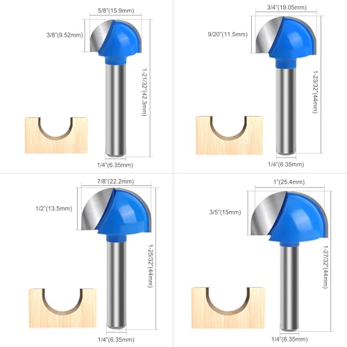 Wingsflee Core Box Router Bit Set, 8Pcs Solid Carbide 1/4 Inch Shank Woodworking Tool with 1/4" to 1" Round Nose Double Flute Bits, for Half Round Grooves and Cove Cutting for Woodworking Grooves and Coves - Image 3