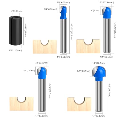 Wingsflee Core Box Router Bit Set, 8Pcs Solid Carbide 1/4 Inch Shank Woodworking Tool with 1/4" to 1" Round Nose Double Flute Bits, for Half Round Grooves and Cove Cutting for Woodworking Grooves and Coves - Image 4