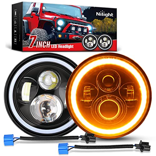نيلايت 2PCS 7 بوصة مصابيح هالوجين LED مع إشارة انعطاف أمبر أبيض DRL شعاع عالي منخفض مصباح أمامي دائري لجيب رانجلر JK JKU 2007-2018 و TJ روبكون صحراوي 1997-2006 دراجات نارية