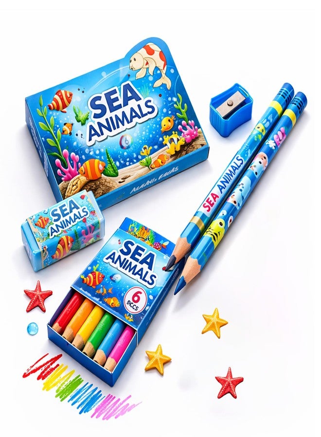 Dharmsaar 2Pcs Pencil Set with Pencil Color, Sharpener & Extra Eraser for Kids | Stationery Kit for Boys & Girls Age 3-15 Years | Ideal School Use & Birthday Return Gifts (Sea Animal, Pack of 10) - Image 1