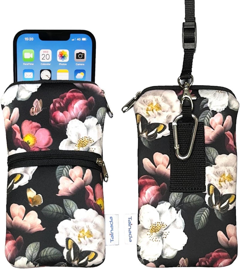 Tainada Women Cell Phone Neoprene Shockproof Zipper Sleeve Case Bag Pouch w/Carabiner, Neck Lanyard, Belt Loop Holster for iPhone 17/16 Pro Max, 16 Plus, 16e ; Samsung S25+, S24, A56 (Black Floral) - Image 1